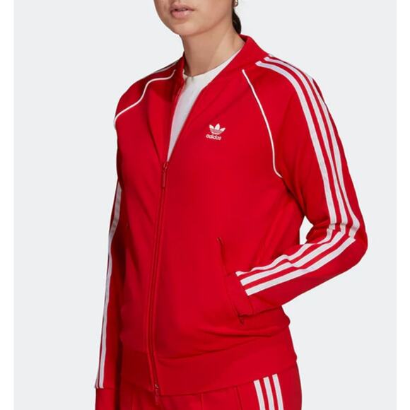 New Adidas Primeblue SST Track Jacket Women’s Vivid Red and White Stripe Small - Picture 1 of 8